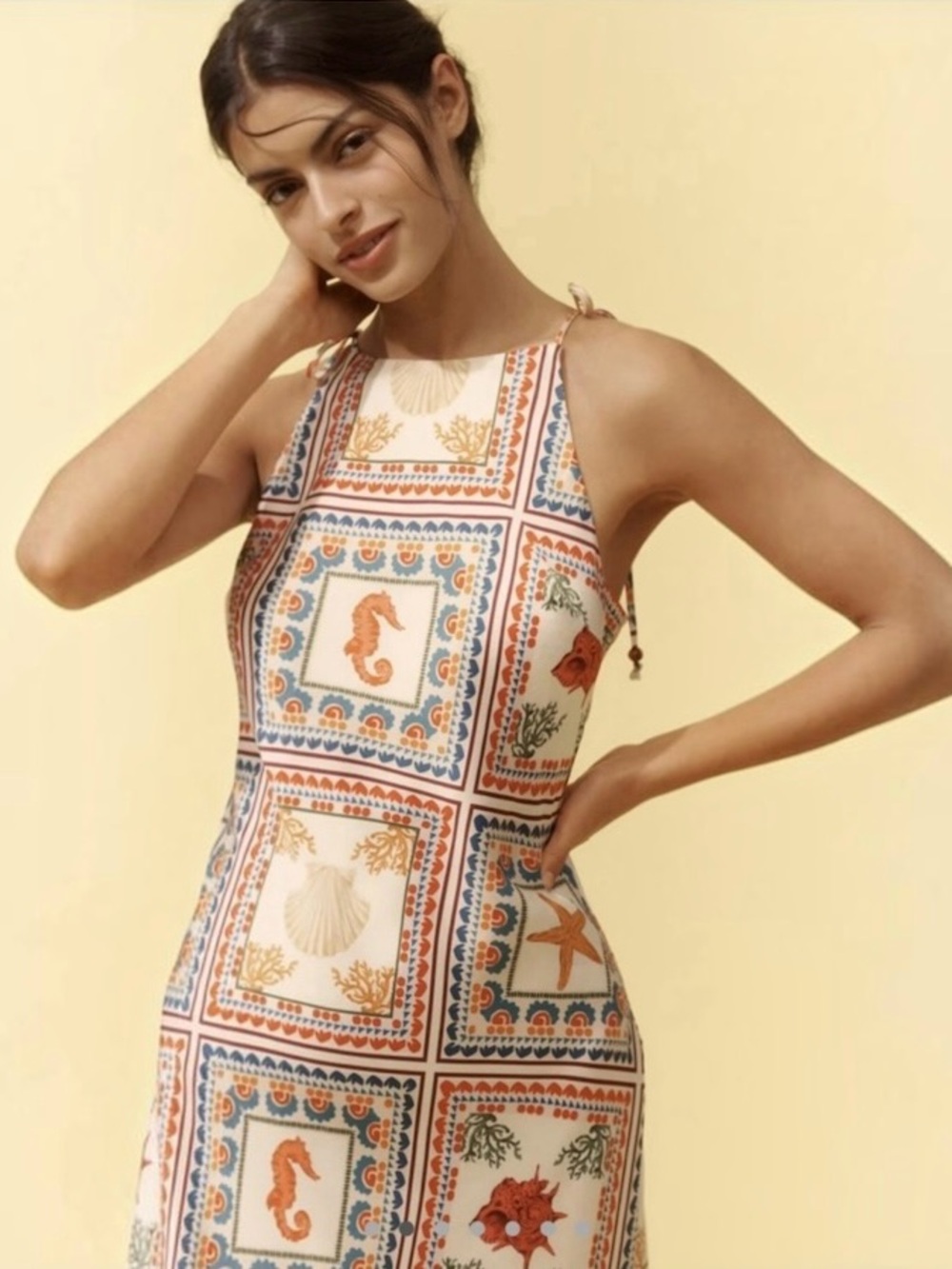 Anthropologie Tie-Neck Column Midi Dress Sea Ocean Patch-print Size XS
